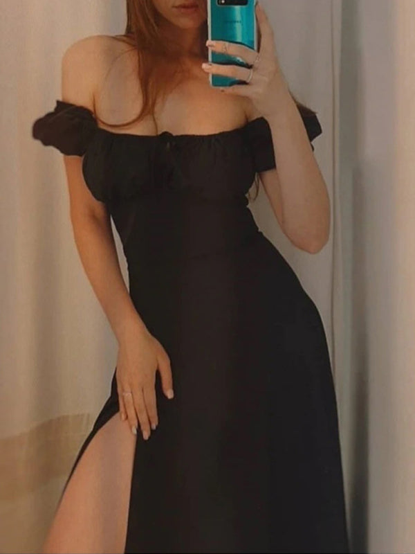 Off-the-shoulder Satin Maxi Dress