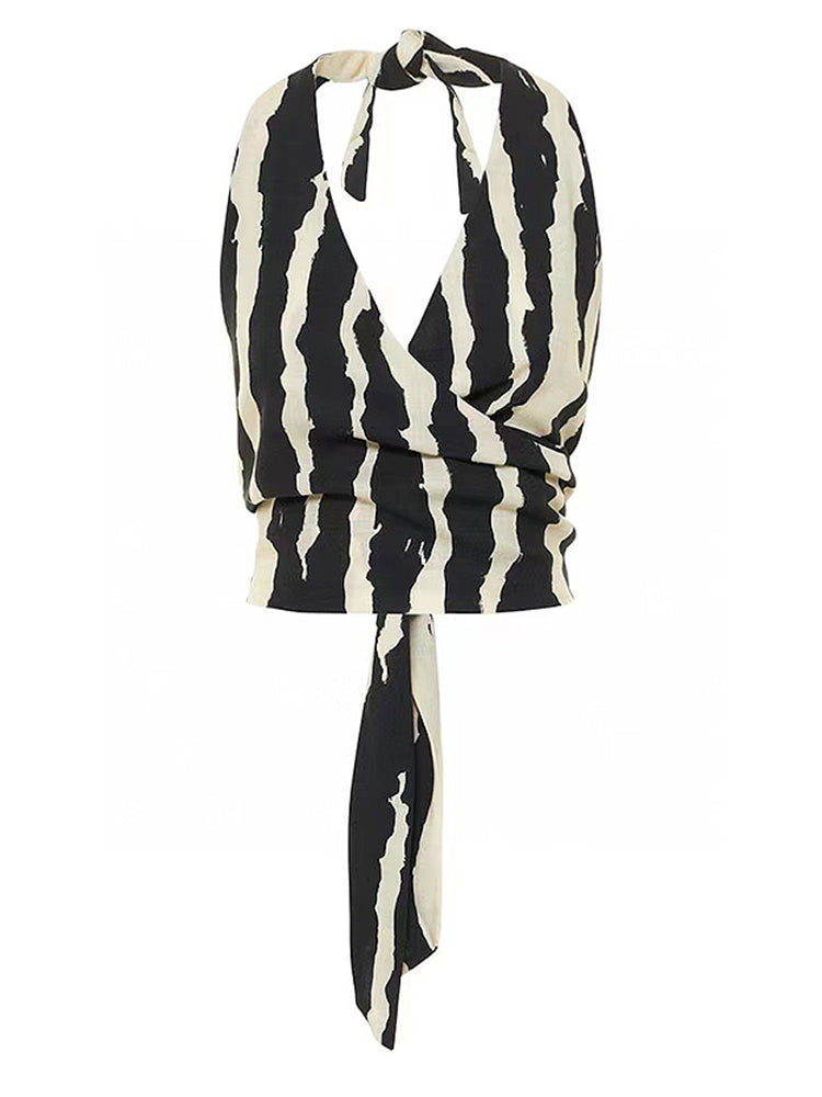 Zebra-print Halter-neck Top and Pants set