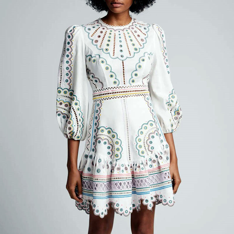 Embroidered Puff- Sleeve Dress