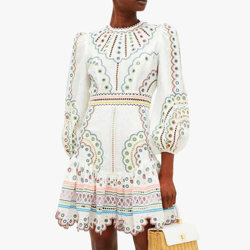 Embroidered Puff- Sleeve Dress