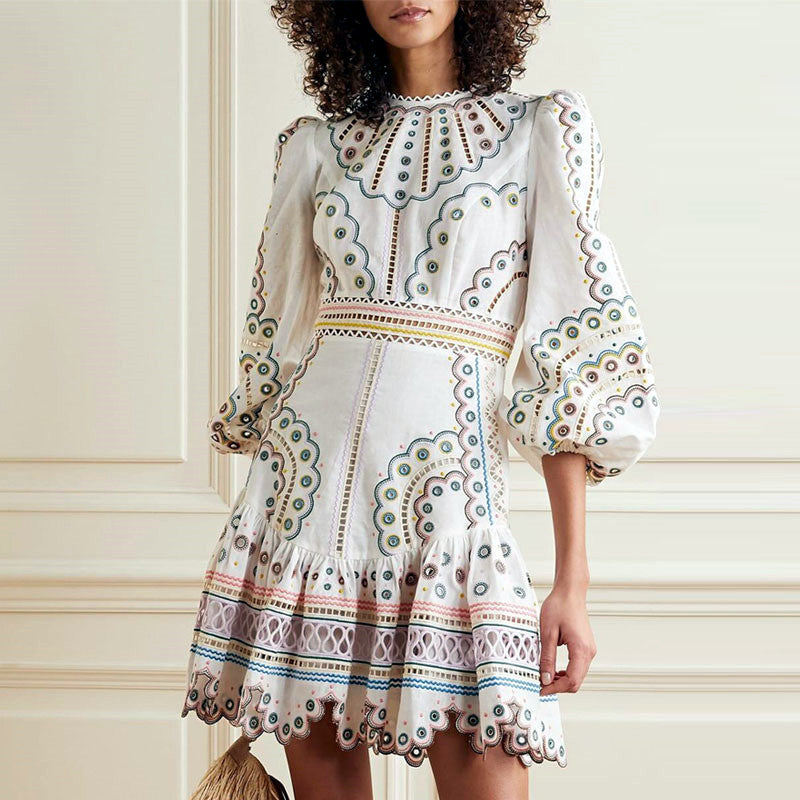 Embroidered Puff- Sleeve Dress