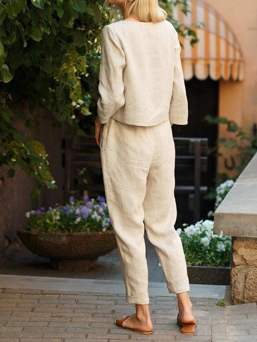 Solid Color Casual Top And Pants Suit