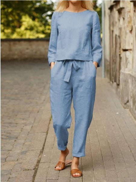 Solid Color Casual Top And Pants Suit