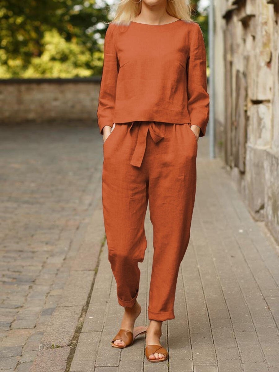 Solid Color Casual Top And Pants Suit