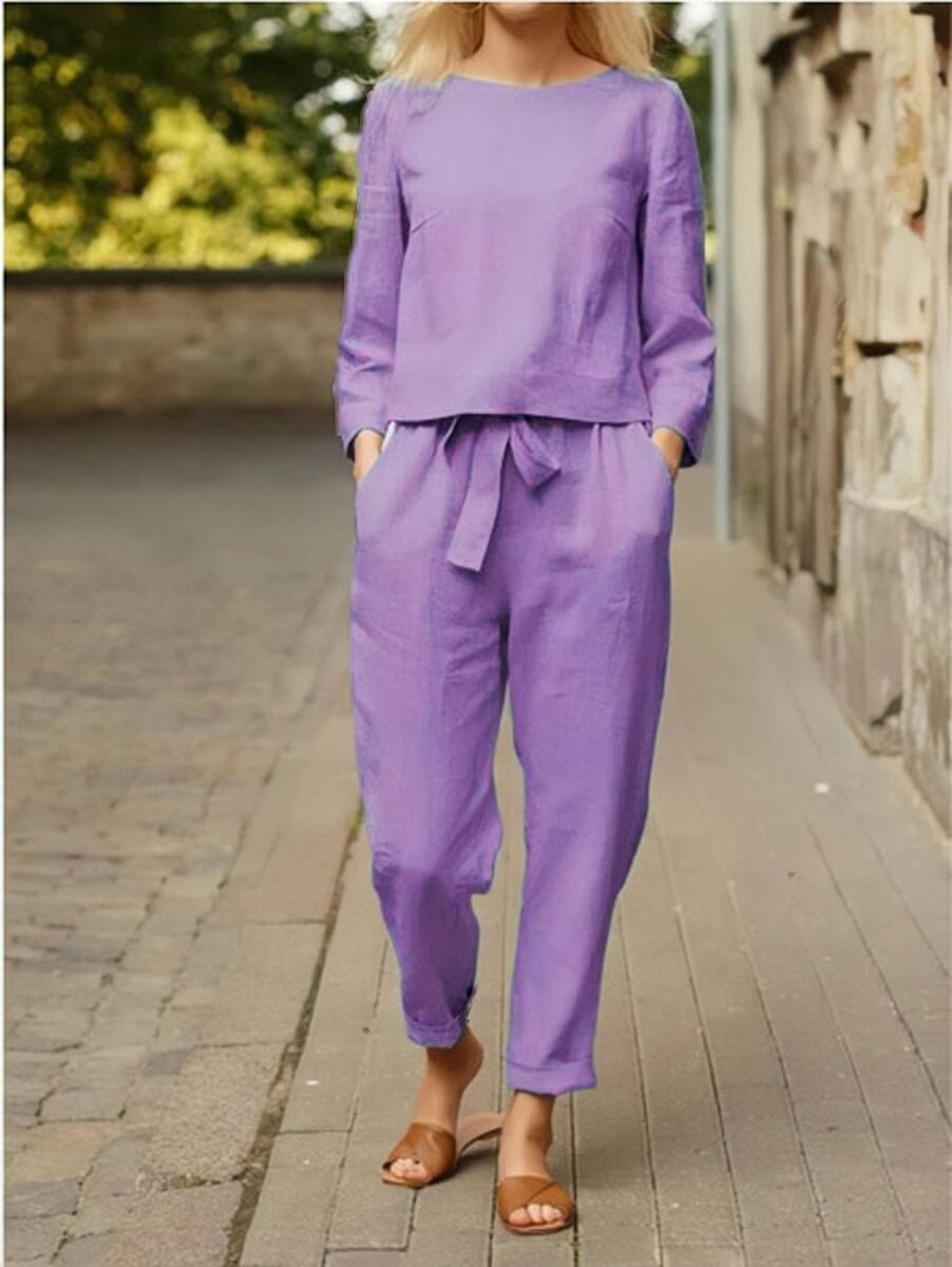 Solid Color Casual Top And Pants Suit