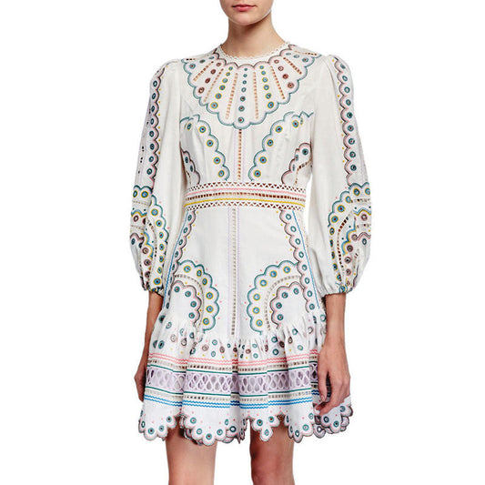 Embroidered Puff- Sleeve Dress