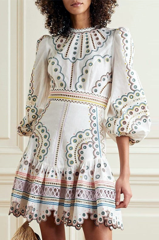 Embroidered Puff- Sleeve Dress