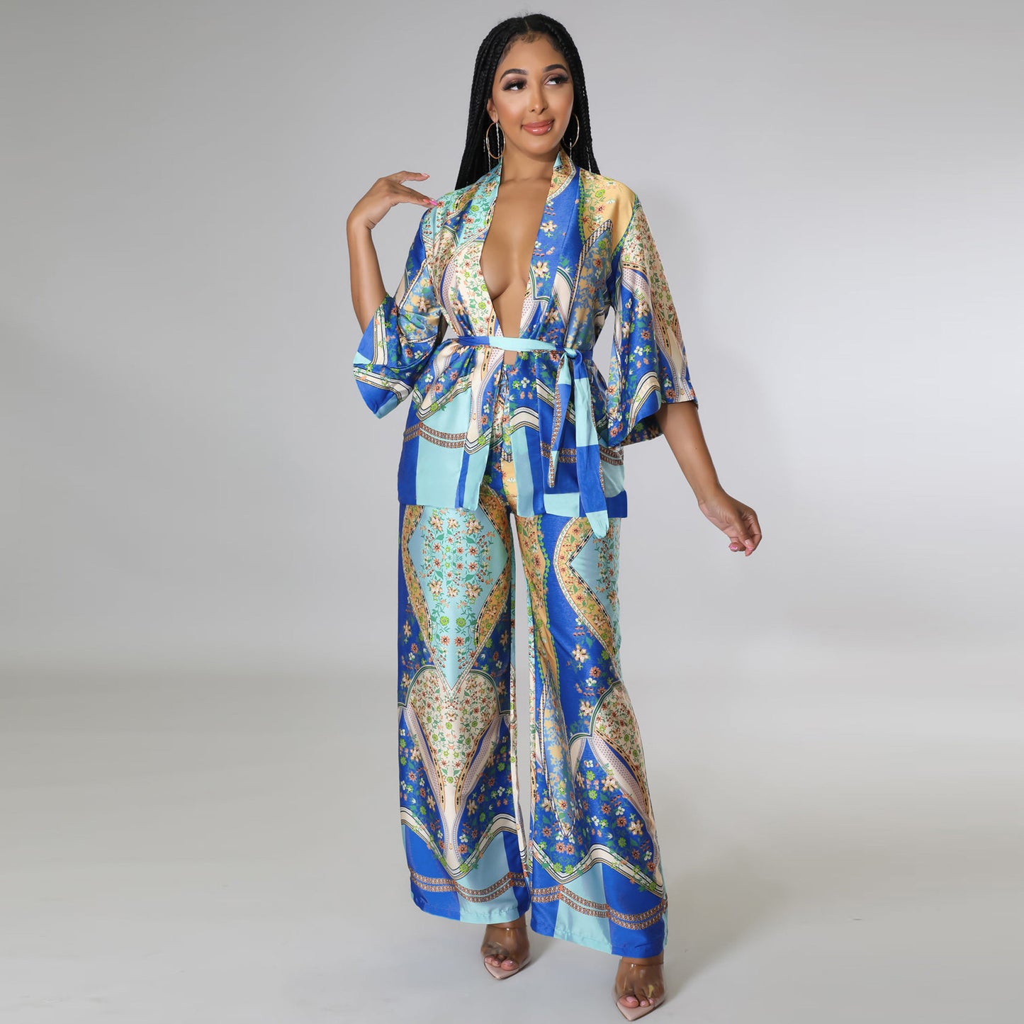 Printed Wrap Top and Pants Set