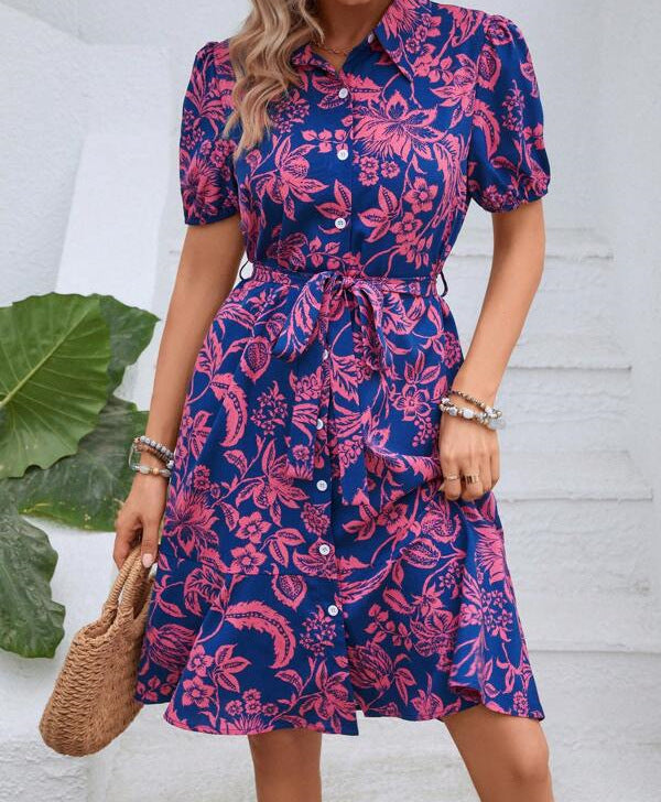 Puff-Sleeve Knee-length Shirt Dress