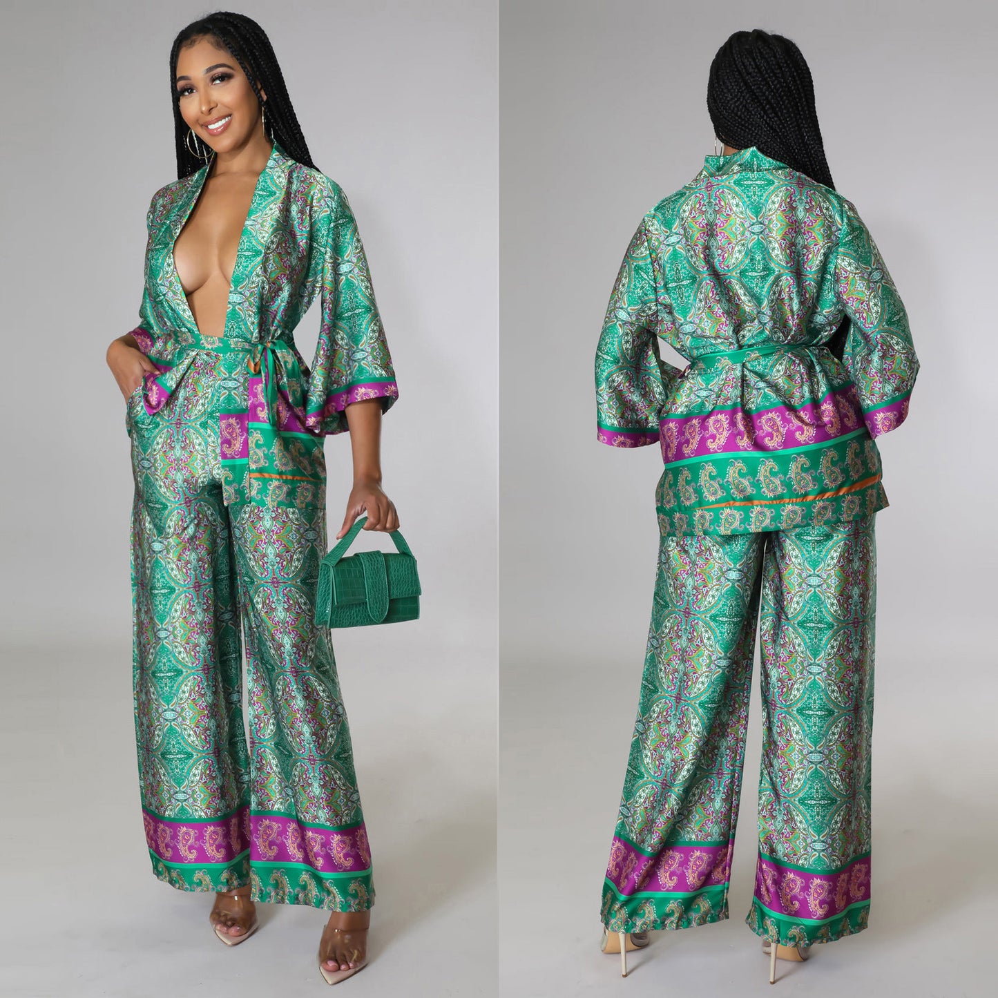 Printed Wrap Top and Pants Set