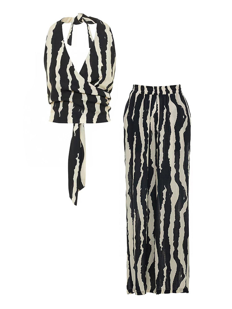 Zebra-print Halter-neck Top and Pants set