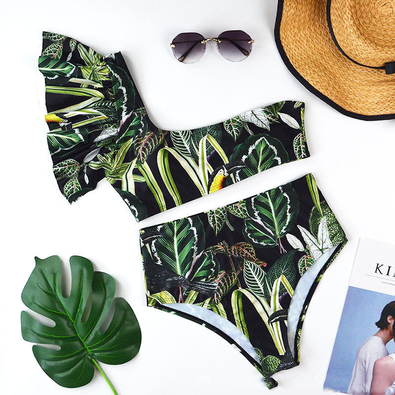 Printed Green One Shouldered Bikini