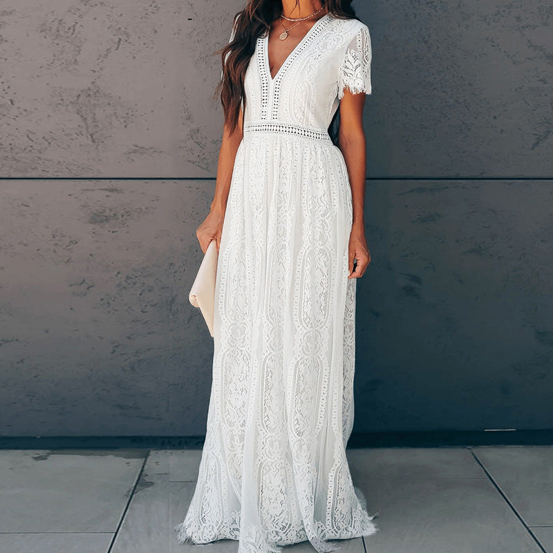 Long V-Neck Lace Dress