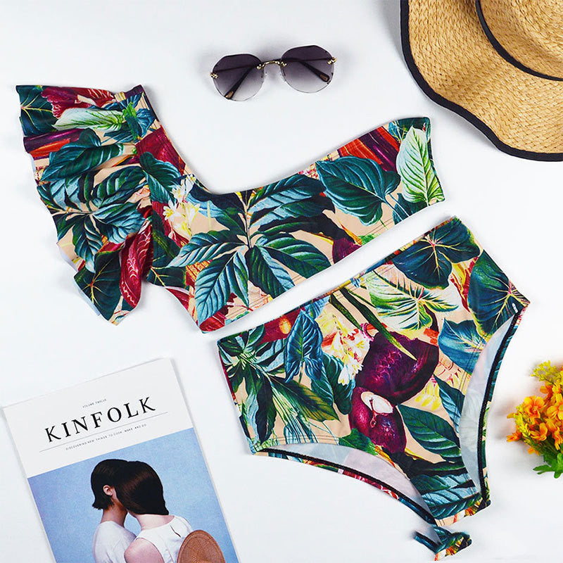 Printed Green One Shouldered Bikini