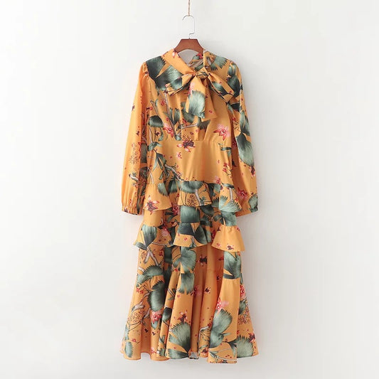 Printed Bow Ruffle Dress