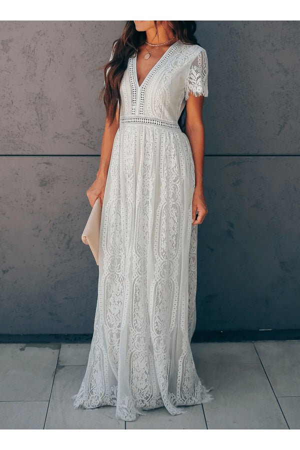 Long V-Neck Lace Dress