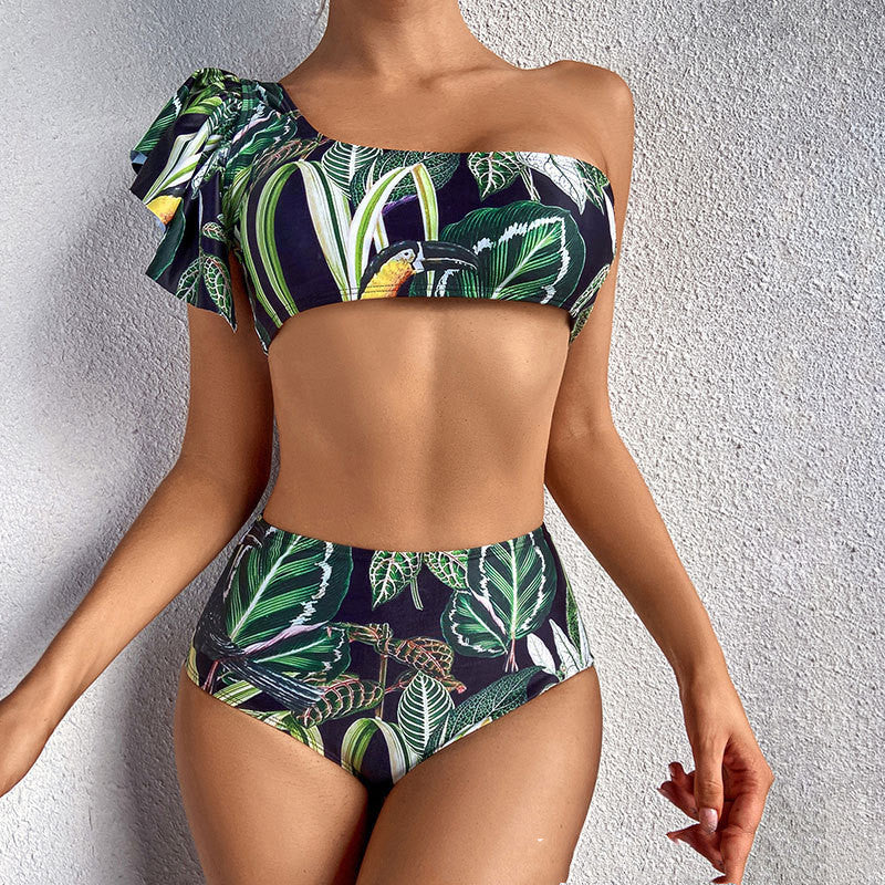 Printed Green One Shouldered Bikini