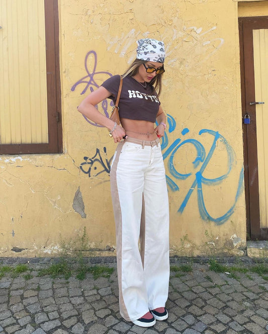 High-Waist White and Khaki Trousers