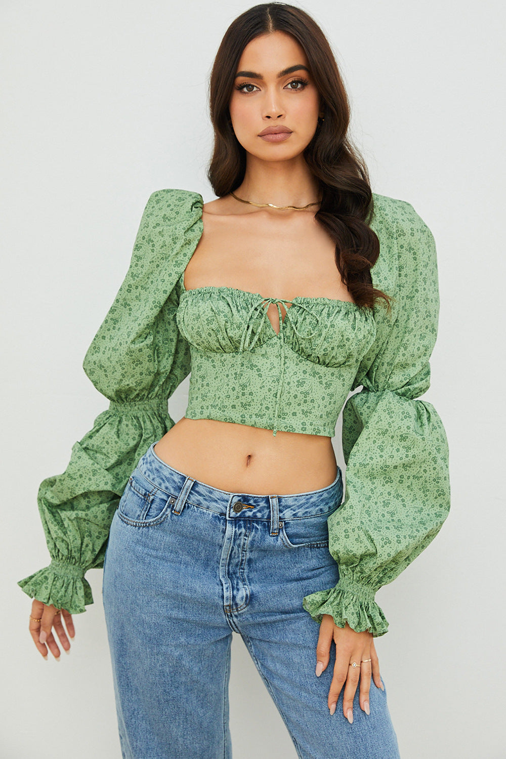 Puff-Sleeve Drawstring Crop Top