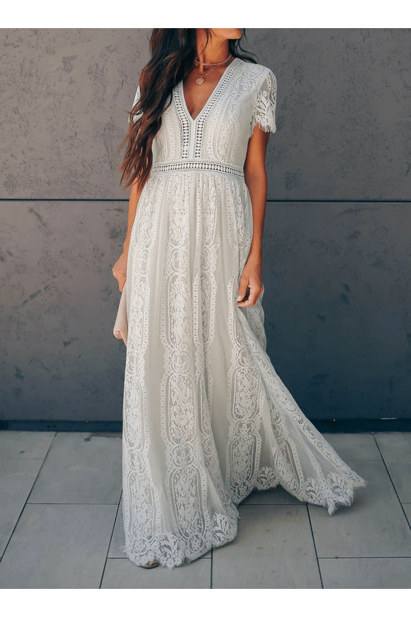 Long V-Neck Lace Dress