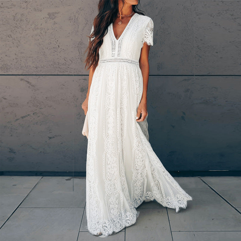 Long V-Neck Lace Dress