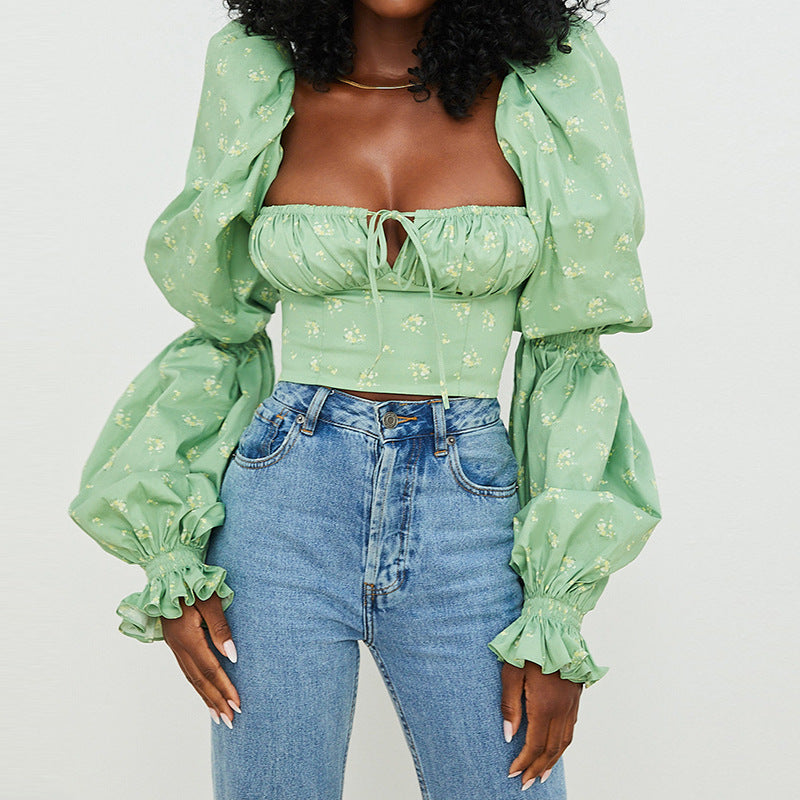 Puff-Sleeve Drawstring Crop Top