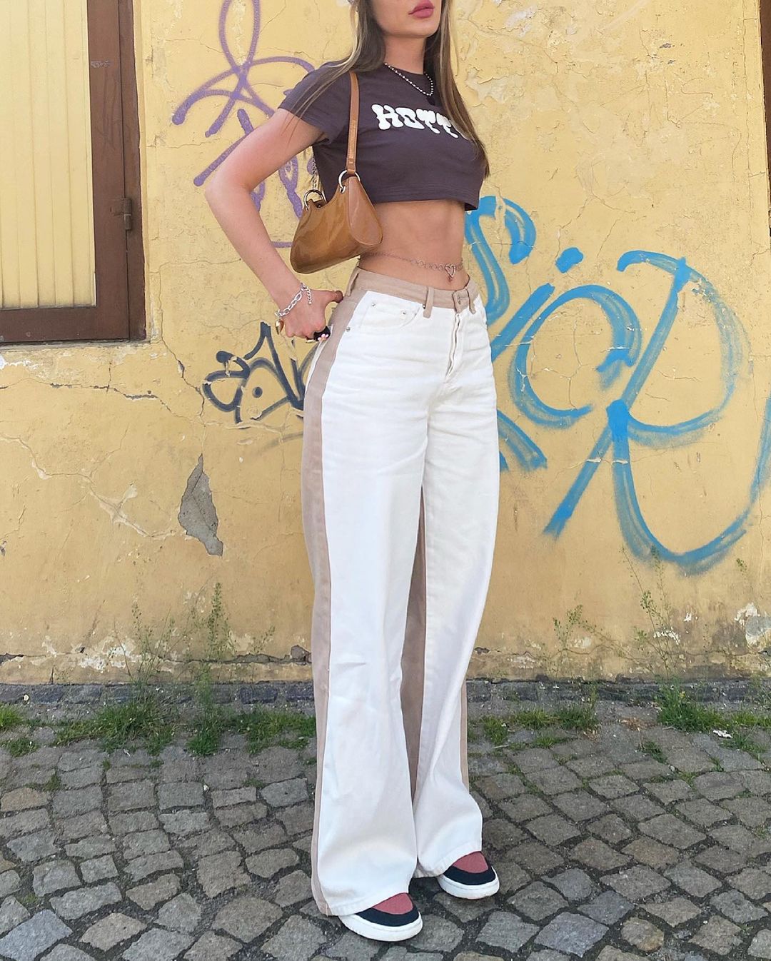 High-Waist White and Khaki Trousers