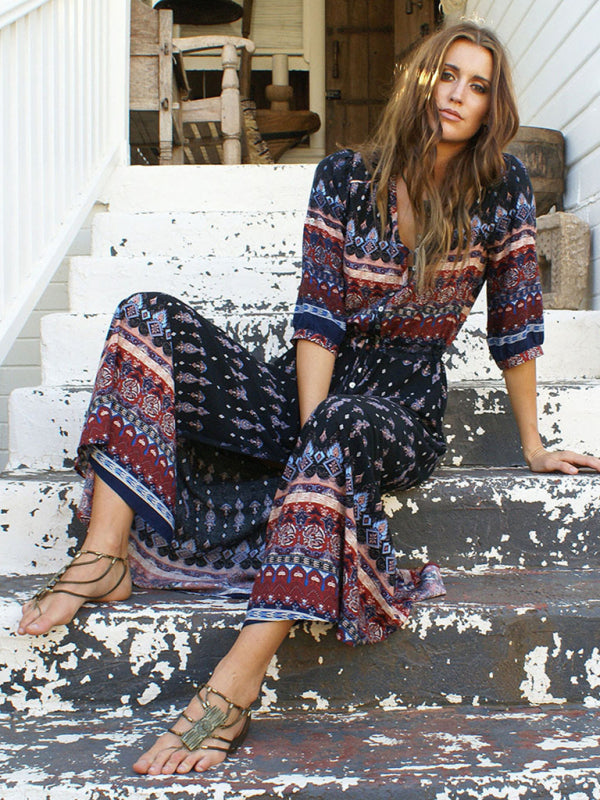 Bohemian Print V-neck Long Sleeve Dress