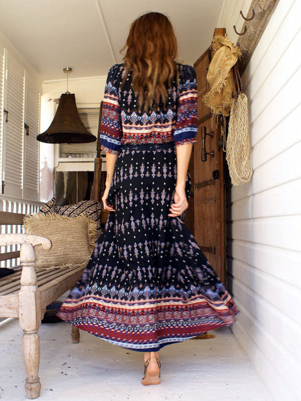 Bohemian Print V-neck Long Sleeve Dress