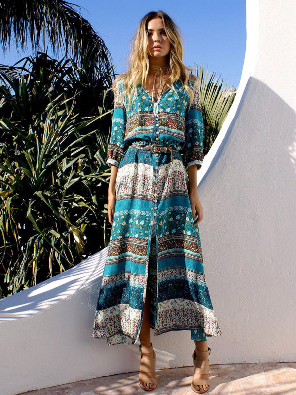 Bohemian Print V-neck Long Sleeve Dress