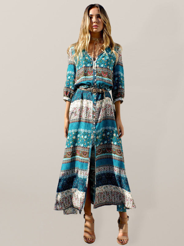 Bohemian Print V-neck Long Sleeve Dress