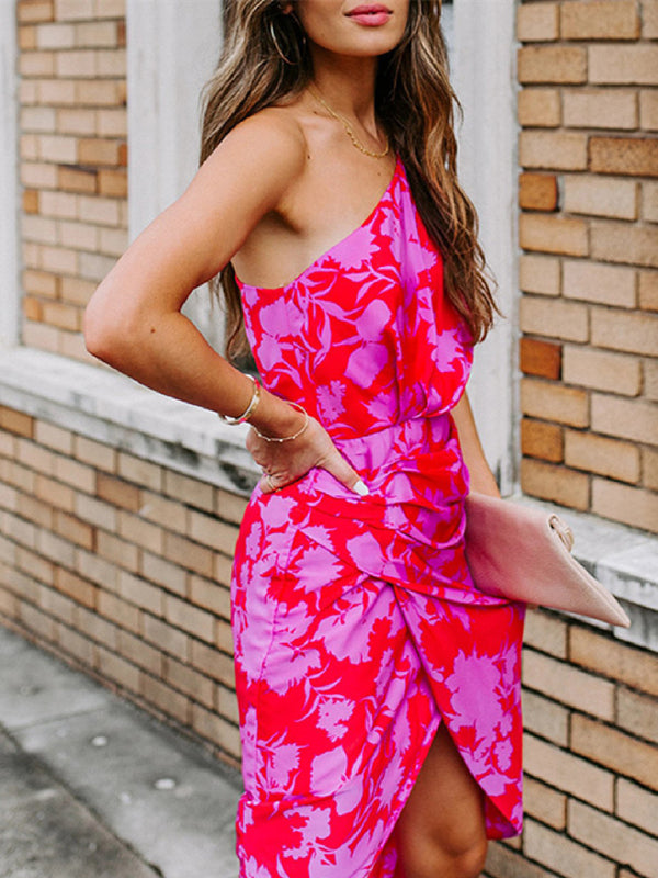 One Shouldered Chiffon Print Dress