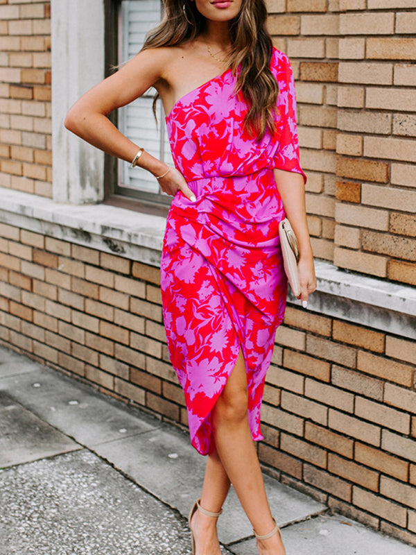 One Shouldered Chiffon Print Dress
